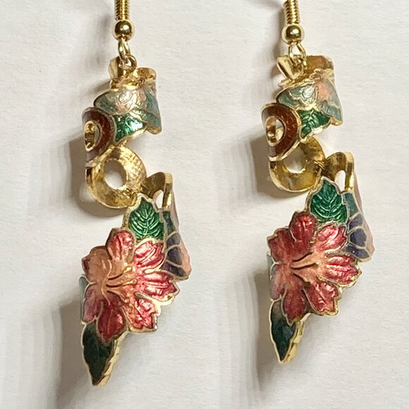 Vintage Cloisonne Hibiscus Flower Earrings Hawaiian Red Floral Enamel Gold Tone - Picture 7 of 11